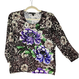 Pierri Sweater Womens XL Knit Top Rhinestone Floral Stretch 3/4 Sleeve Pullover
